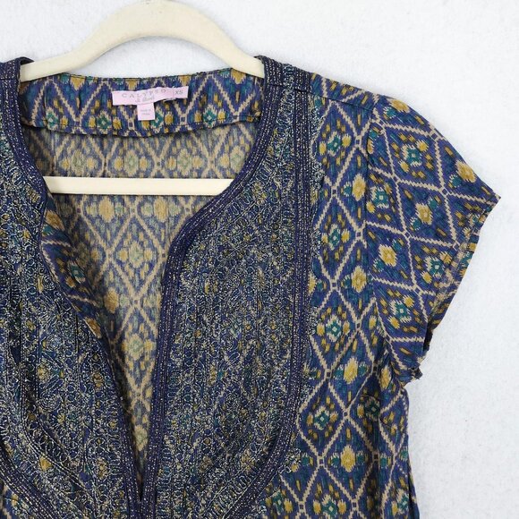 Calypso St Barth Dress Womens XS Blue Gold Fran Silk Embellished Tunic Boho - Picture 2 of 14